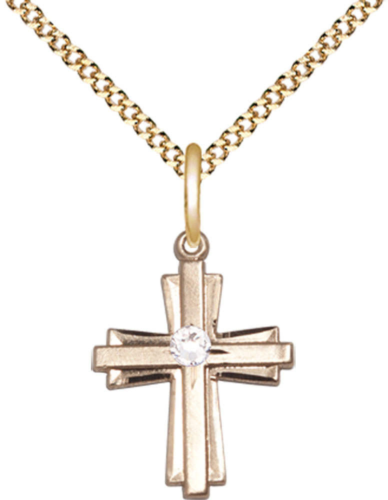 14kt Gold Filled Cross Pendant with a 3mm Crystal Swarovski stone on a 18 inch Gold Plate Light Curb chain