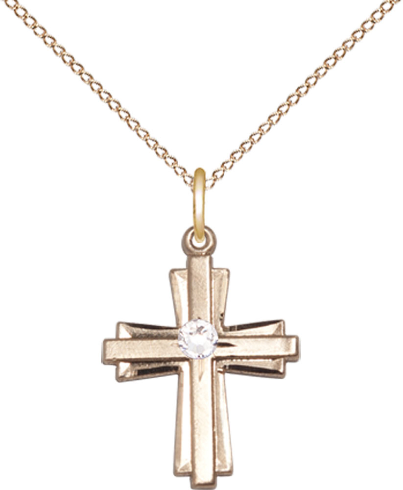 14kt Gold Filled Cross Pendant with a 3mm Crystal Swarovski stone on a 18 inch Gold Filled Light Curb chain