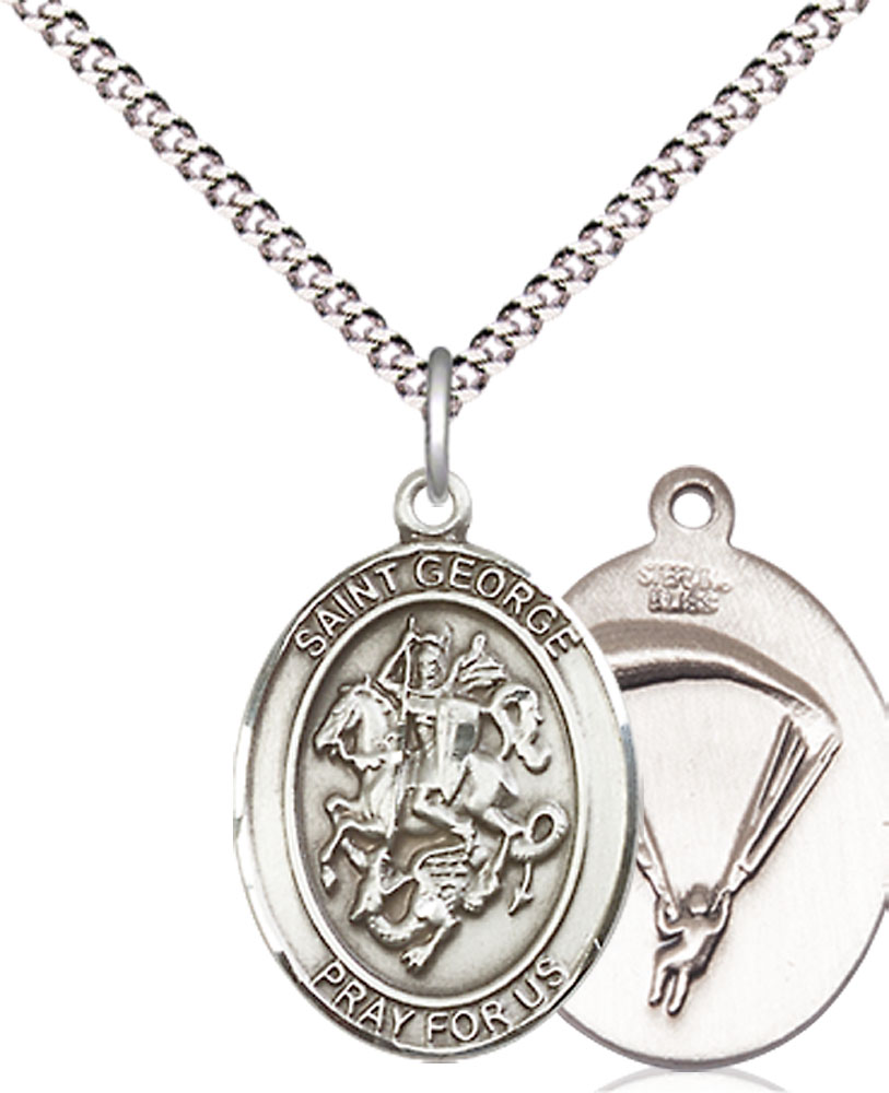 Sterling Silver Saint George Paratrooper Pendant on a 18 inch Light Rhodium Light Curb chain