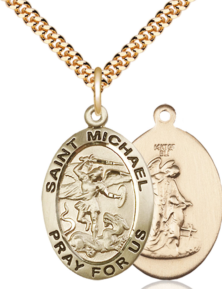 14kt Gold Filled Saint Michael the Archangel Pendant on a 24 inch Gold Plate Heavy Curb chain