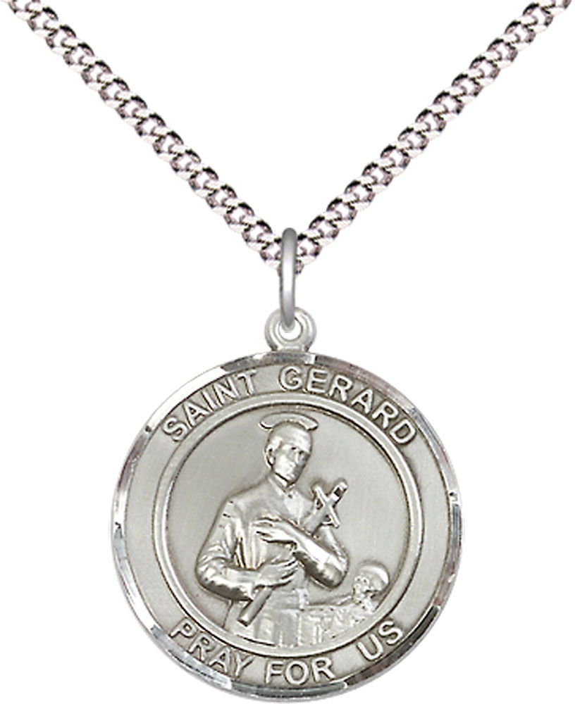 Sterling Silver Saint Gerard Pendant on a 18 inch Light Rhodium Light Curb chain