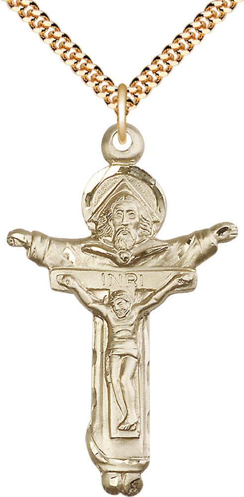 14kt Gold Filled Trinity Crucifix Pendant on a 24 inch Gold Plate Heavy Curb chain