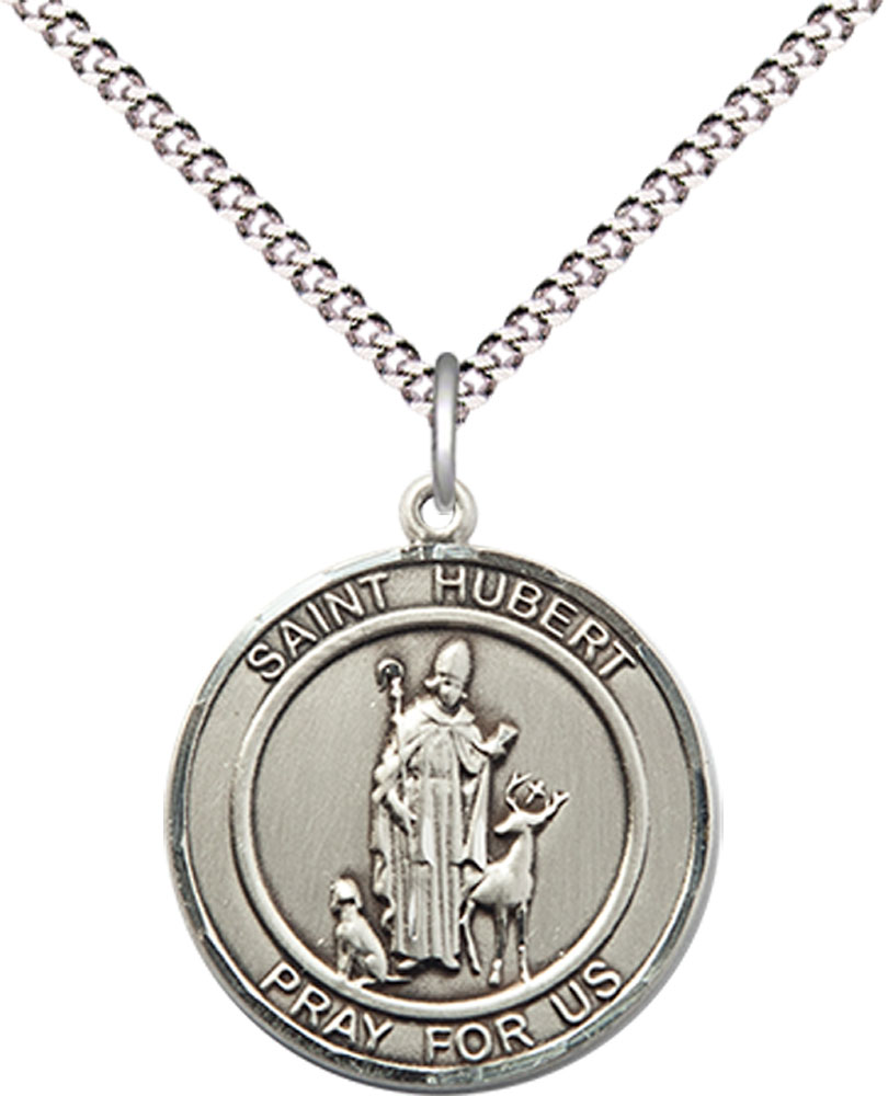 Sterling Silver Saint Hubert of Liege Pendant on a 18 inch Light Rhodium Light Curb chain
