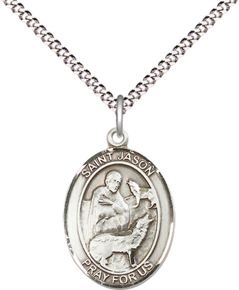 Sterling Silver Saint Jason Pendant on a 18 inch Light Rhodium Light Curb chain