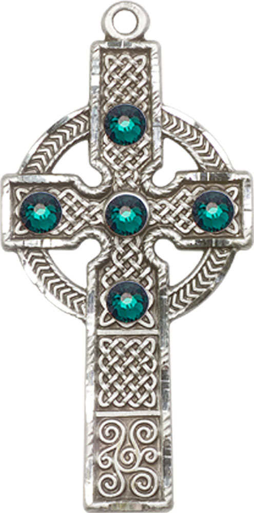 Sterling Silver Kilklispeen Cross w/ Emerald Stone Medal with a 3mm Emerald Swarovski stone