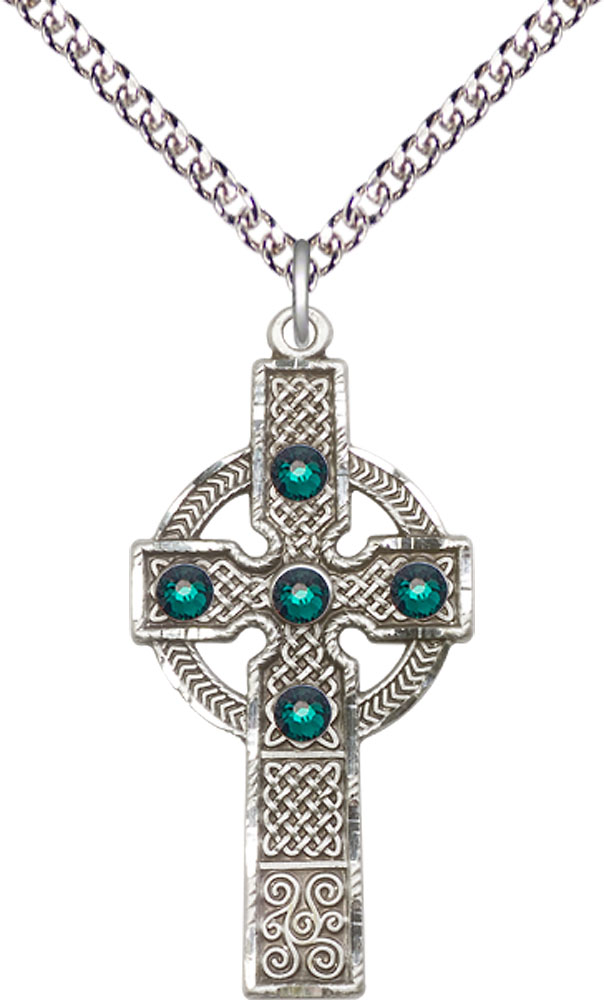 Sterling Silver Kilklispeen Cross w/ Emerald Stone Pendant with a 3mm Emerald Swarovski stone on a 24 inch Sterling Silver Heavy Curb chain