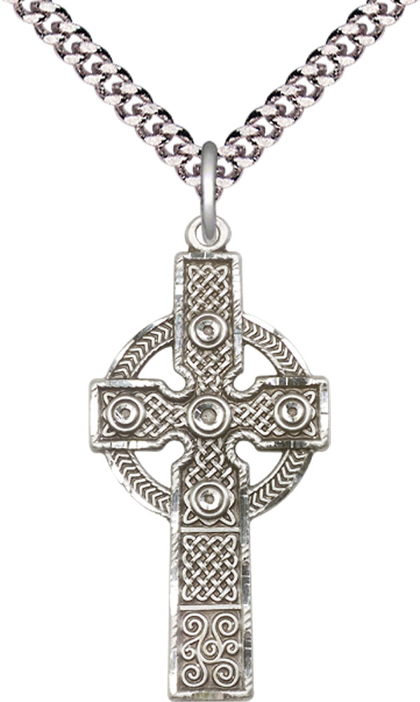 Sterling Silver Kilklispeen Cross Pendant on a 24 inch Light Rhodium Heavy Curb chain