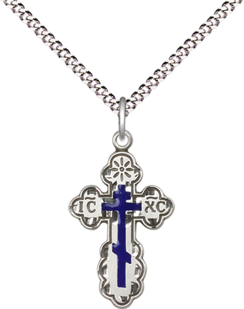 Sterling Silver Saint Olga Cross Pendant on a 18 inch Light Rhodium Light Curb chain