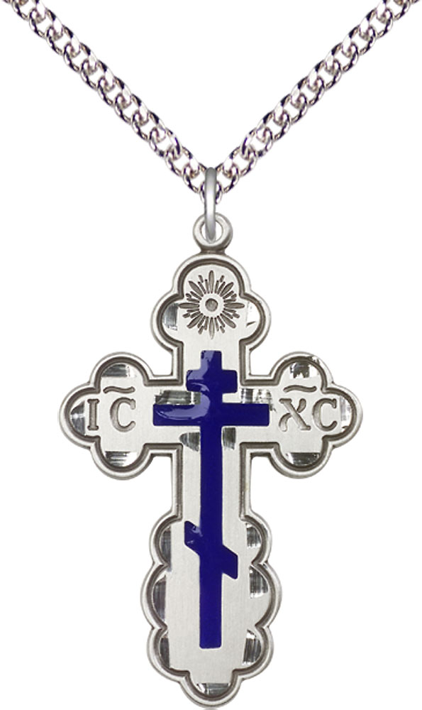 Sterling Silver Saint Olga Cross Pendant on a 24 inch Sterling Silver Heavy Curb chain