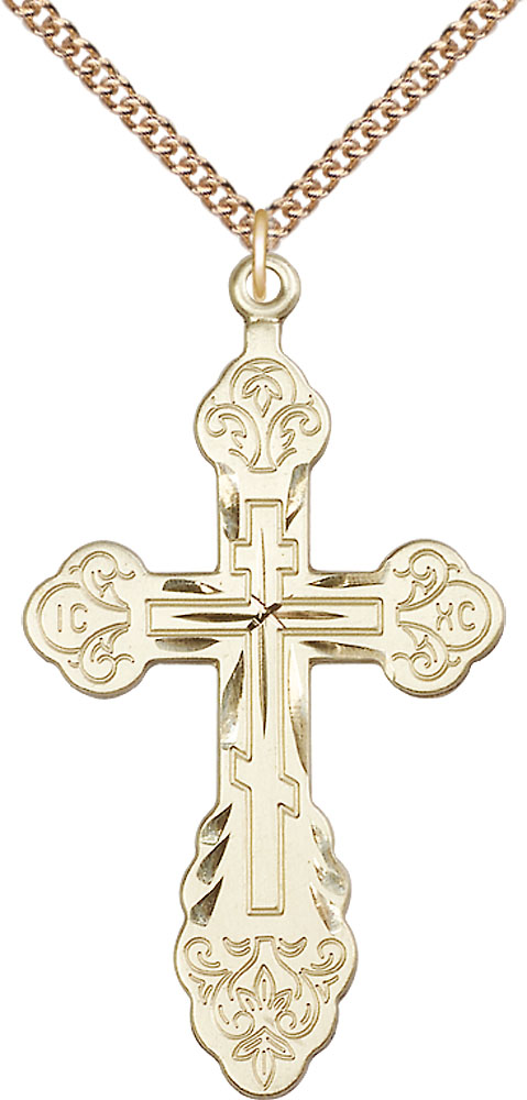 14kt Gold Filled Vladimir Cross Pendant on a 24 inch Gold Filled Heavy Curb chain
