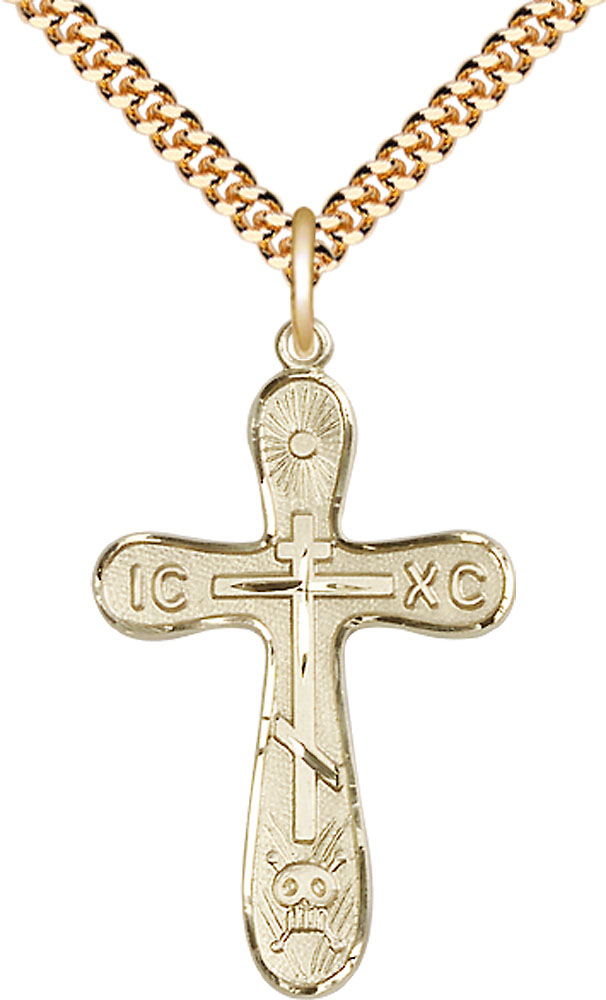 14kt Gold Filled Golgotha Cross Pendant on a 24 inch Gold Plate Heavy Curb chain