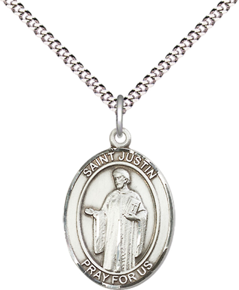 Sterling Silver Saint Justin Pendant on a 18 inch Light Rhodium Light Curb chain