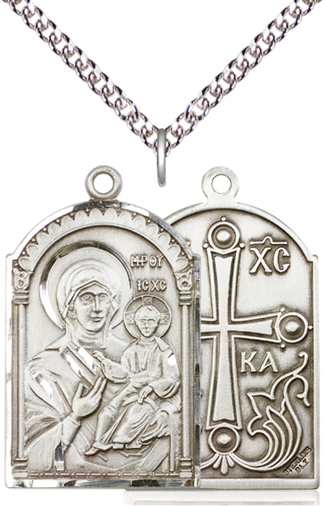 Sterling Silver Mother of God Pendant on a 24 inch Sterling Silver Heavy Curb chain