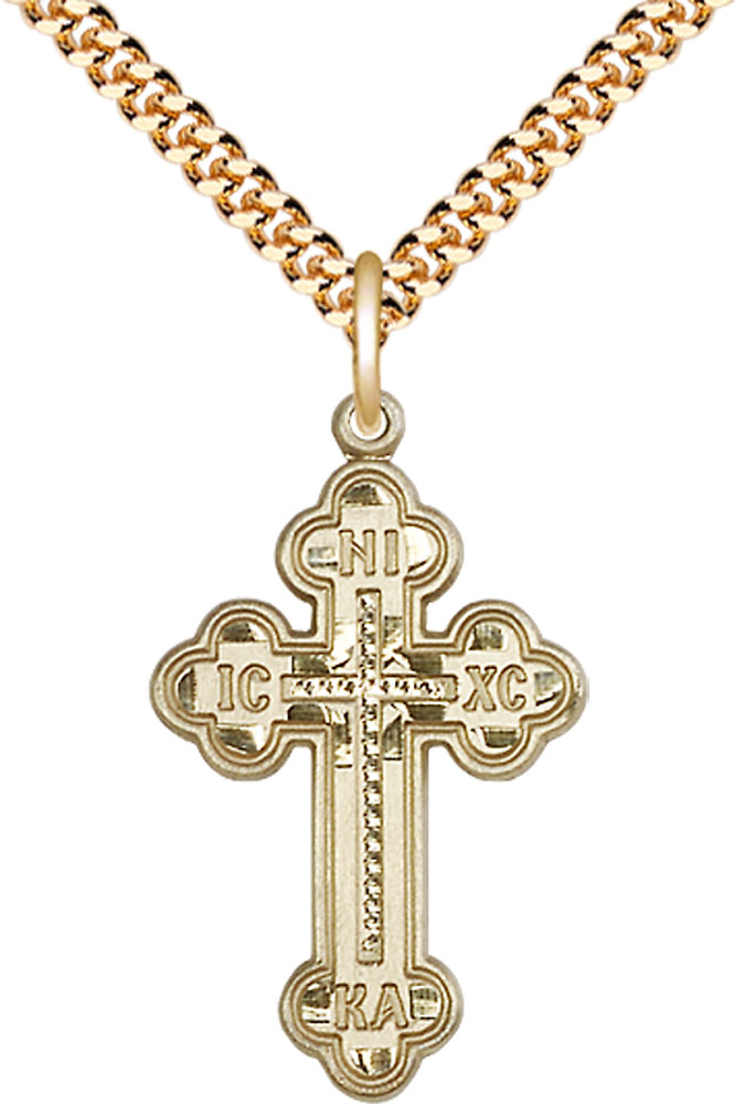 14kt Gold Filled Russian Cross Pendant on a 24 inch Gold Plate Heavy Curb chain