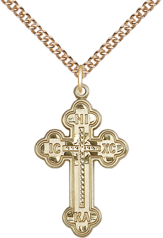 14kt Gold Filled Russian Cross Pendant on a 24 inch Gold Filled Heavy Curb chain