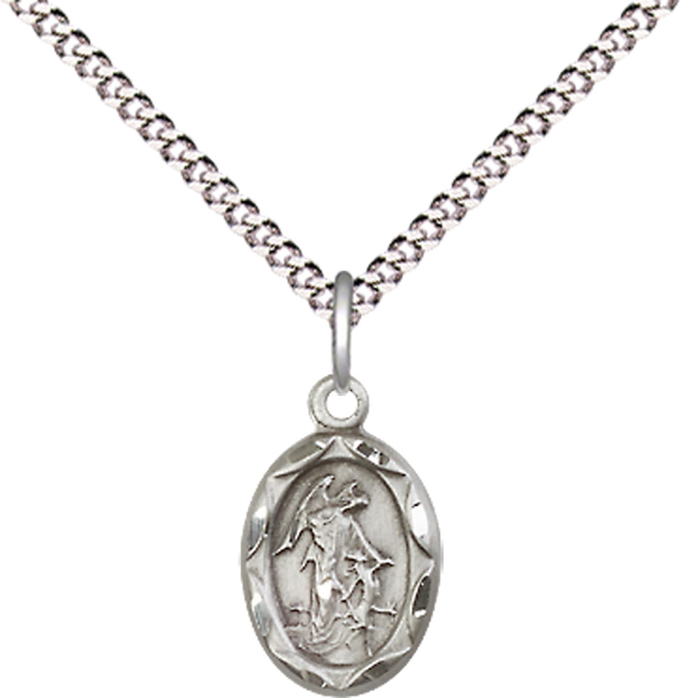 Sterling Silver Guardian Angel Pendant on a 18 inch Light Rhodium Light Curb chain