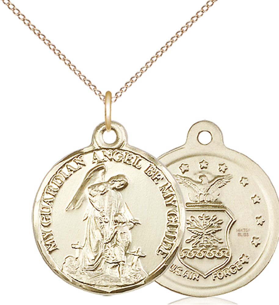 14kt Gold Filled Guardian Angel Air Force Pendant on a 18 inch Gold Filled Light Curb chain