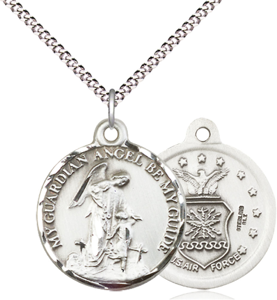 Sterling Silver Guardian Angel Air Force Pendant on a 18 inch Light Rhodium Light Curb chain
