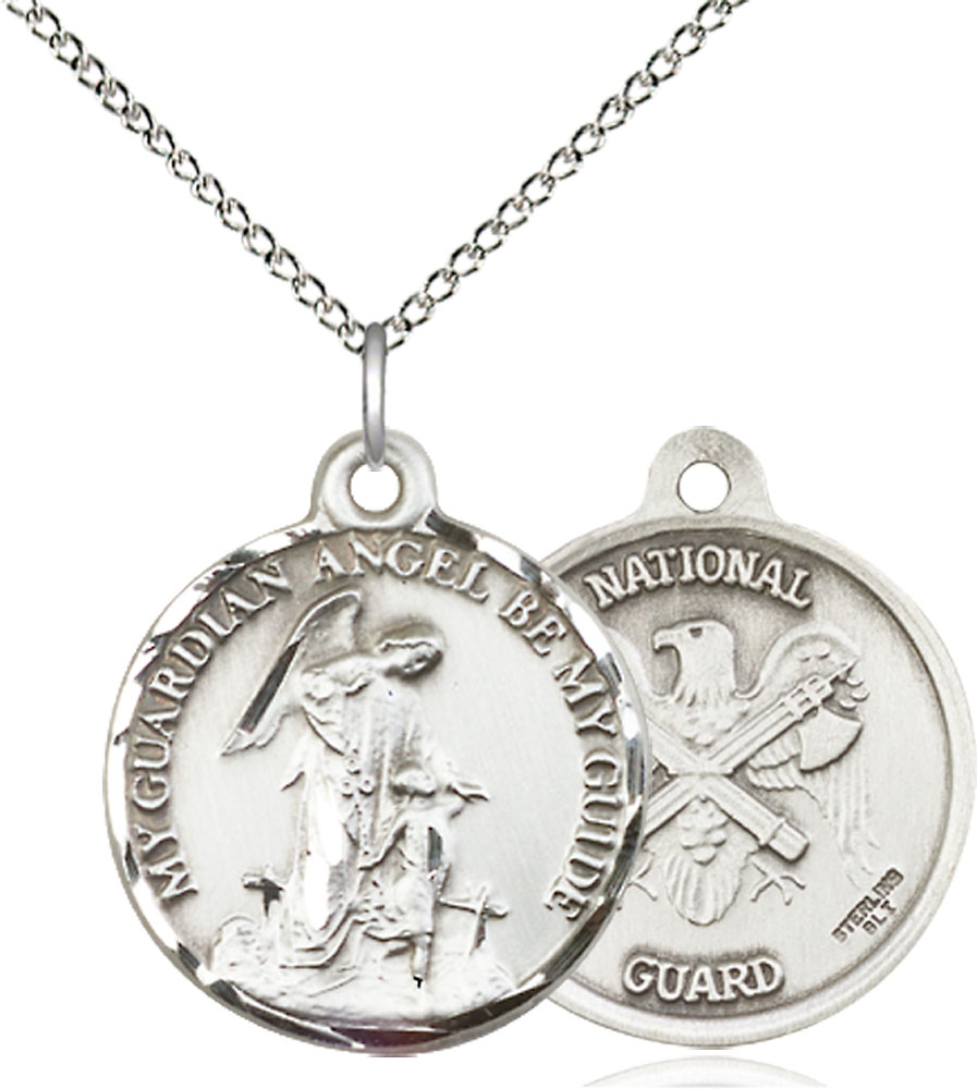 Sterling Silver Guardain Angel National Guard Pendant on a 18 inch Sterling Silver Light Curb chain