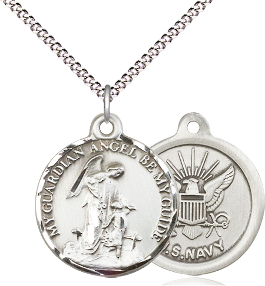 Sterling Silver Guardian Angel Navy Pendant on a 18 inch Light Rhodium Light Curb chain