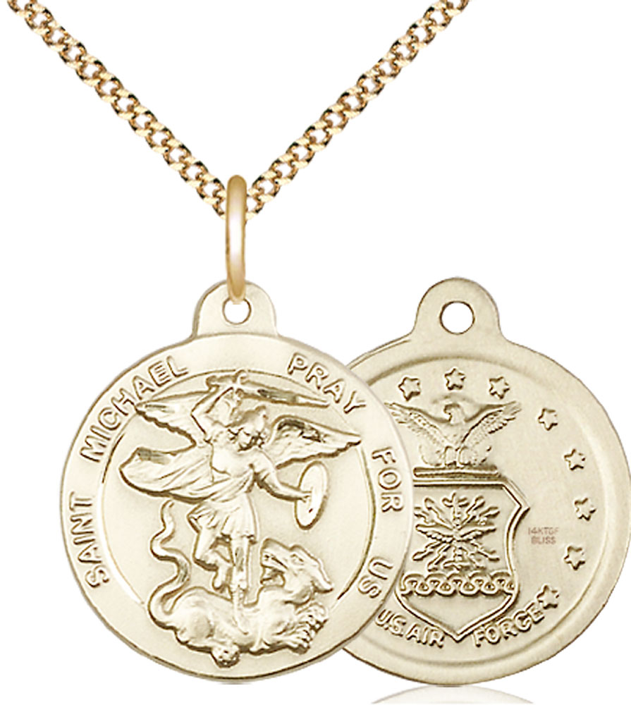 14kt Gold Filled Saint Michael Air Force Pendant on a 18 inch Gold Plate Light Curb chain
