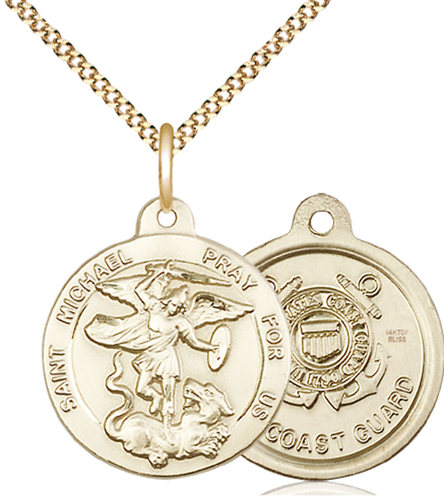 14kt Gold Filled Saint Michael Coast Guard Pendant on a 18 inch Gold Plate Light Curb chain