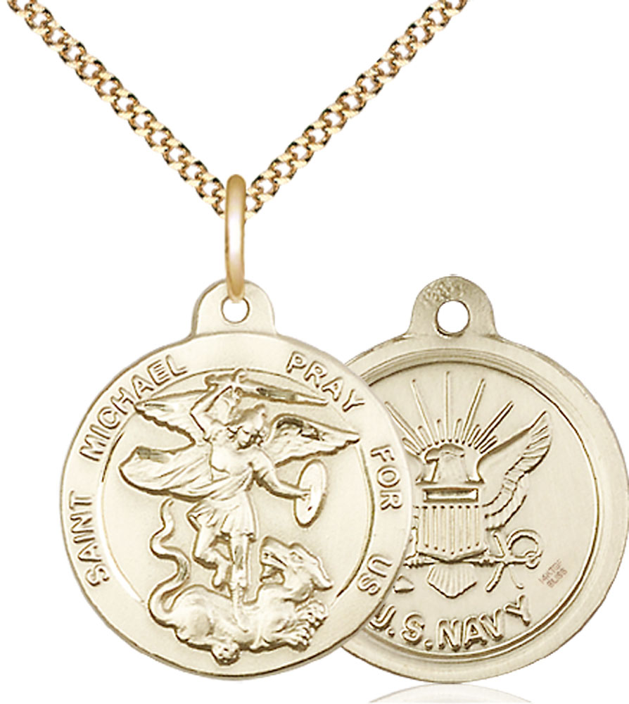 14kt Gold Filled Saint Michael Navy Pendant on a 18 inch Gold Plate Light Curb chain
