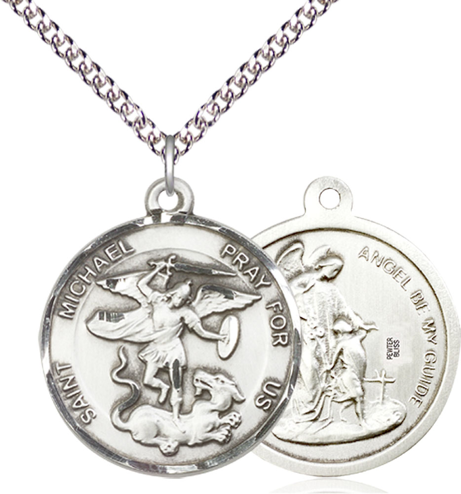 Sterling Silver Saint Michael the Archangel Pendant on a 24 inch Sterling Silver Heavy Curb chain