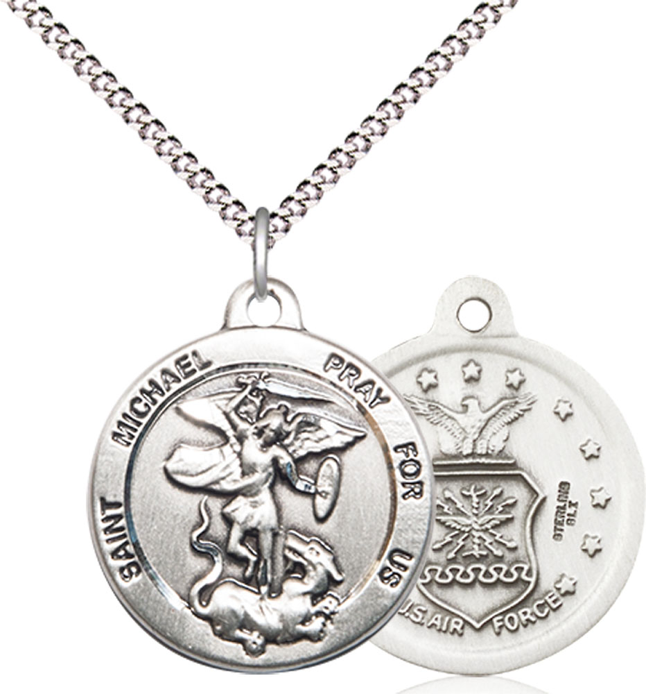 Sterling Silver Saint Michael Air Force Pendant on a 18 inch Light Rhodium Light Curb chain