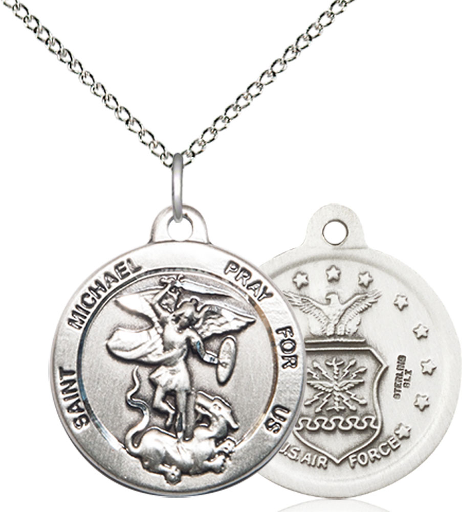 Sterling Silver Saint Michael Air Force Pendant on a 18 inch Sterling Silver Light Curb chain