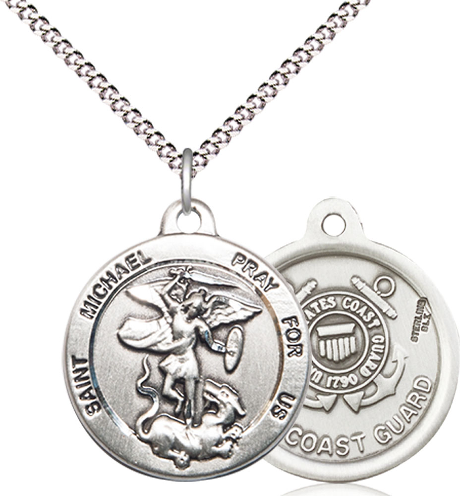 Sterling Silver Saint Michael Coast Guard Pendant on a 18 inch Light Rhodium Light Curb chain