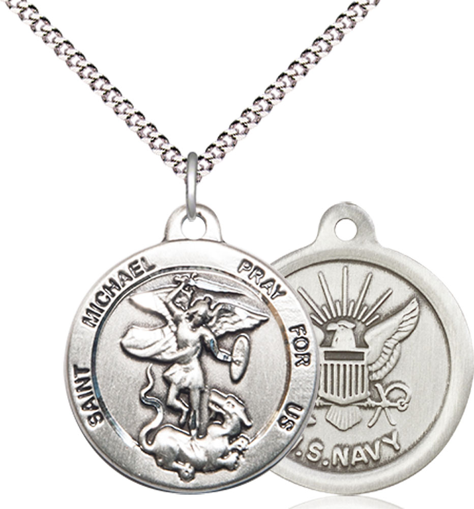 Sterling Silver Saint Michael Navy Pendant on a 18 inch Light Rhodium Light Curb chain