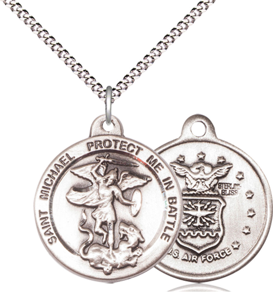 Sterling Silver Saint Michael Air Force Pendant on a 18 inch Light Rhodium Light Curb chain
