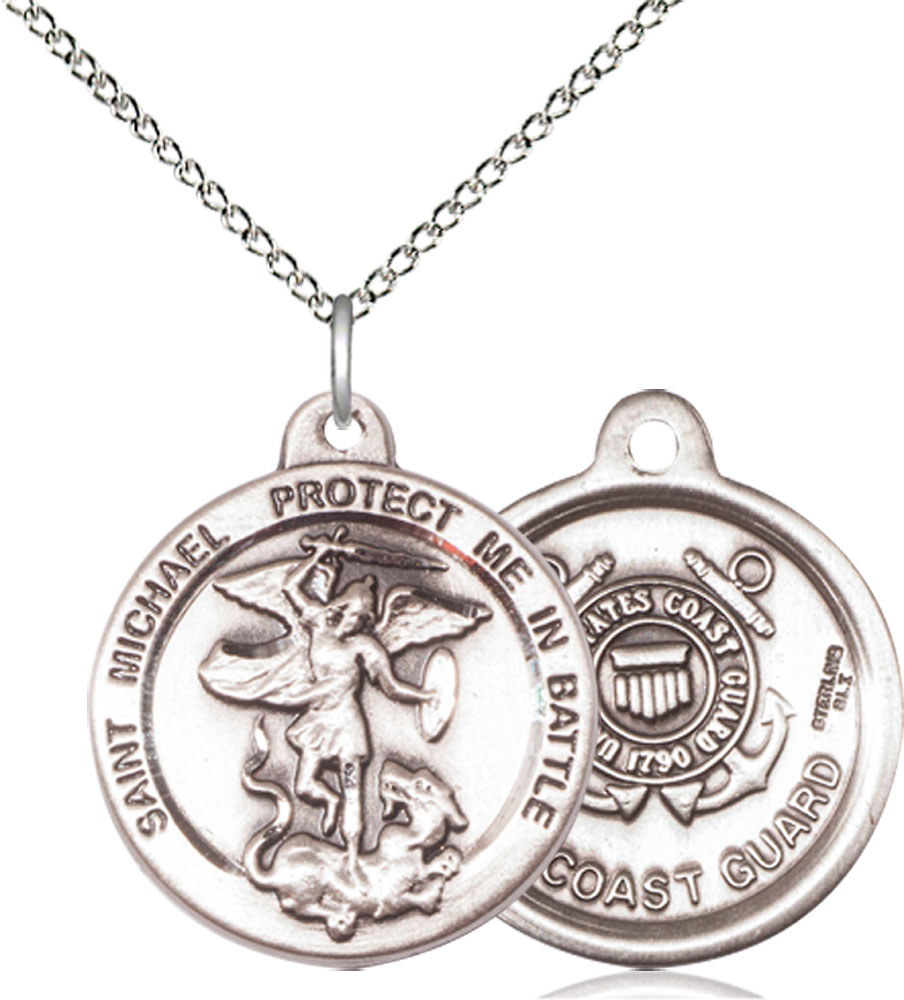 Sterling Silver Saint Michael Coast Guard Pendant on a 18 inch Sterling Silver Light Curb chain