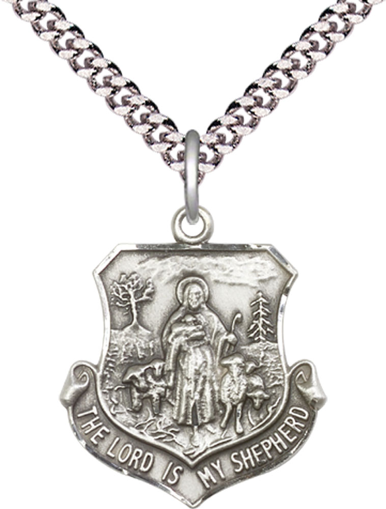 Sterling Silver Lord Is My Shepherd Pendant on a 24 inch Light Rhodium Heavy Curb chain