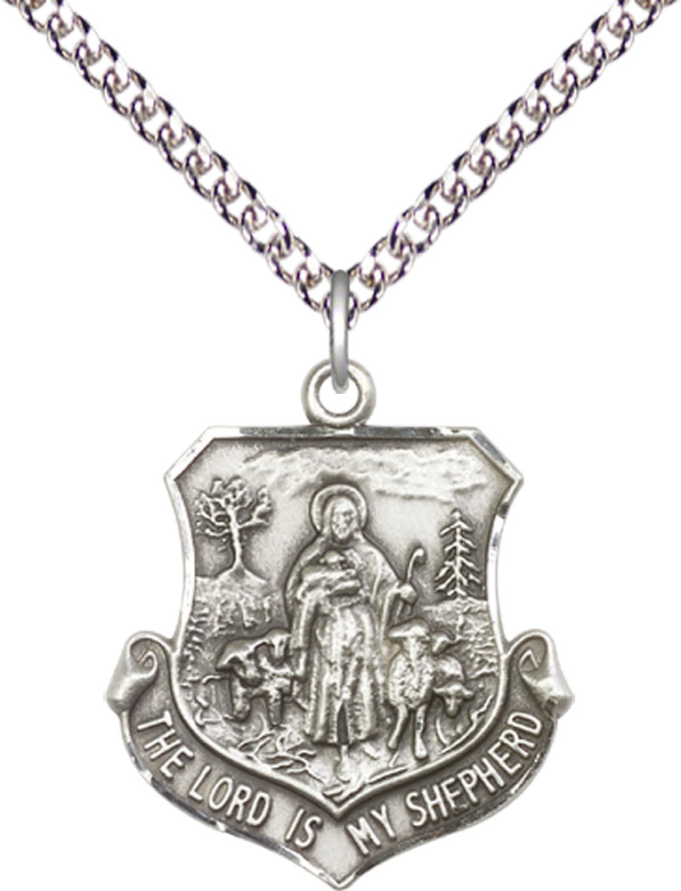 Sterling Silver Lord Is My Shepherd Pendant on a 24 inch Sterling Silver Heavy Curb chain