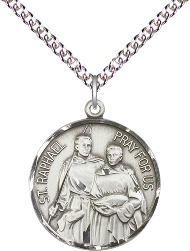 Sterling Silver Saint Raphael Pendant on a 24 inch Sterling Silver Heavy Curb chain