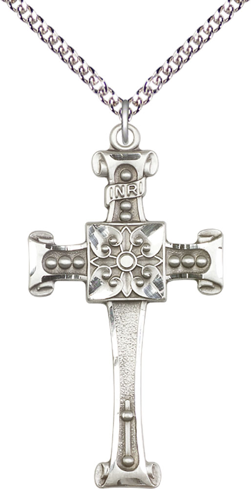 Sterling Silver Cross Pendant on a 24 inch Sterling Silver Heavy Curb chain