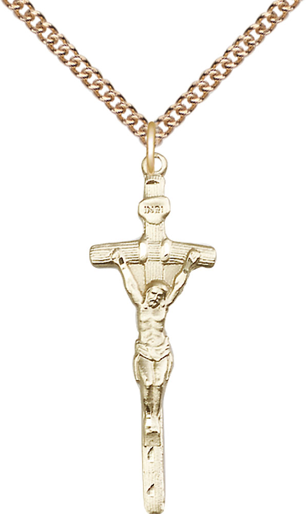 14kt Gold Filled Papal Crucifix Pendant on a 24 inch Gold Filled Heavy Curb chain