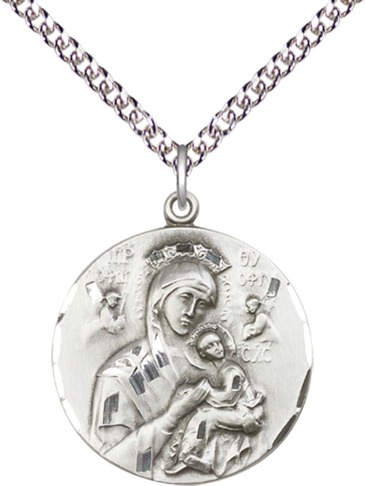 Sterling Silver Our Lady of Perpetual Help Pendant on a 24 inch Sterling Silver Heavy Curb chain