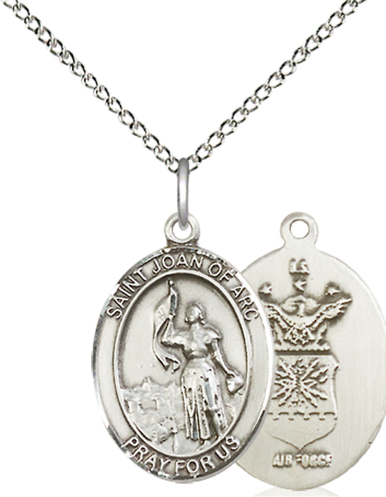 Sterling Silver Saint Joan of Arc Air Force Pendant on a 18 inch Sterling Silver Light Curb chain