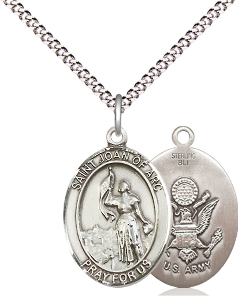 Sterling Silver Saint Joan of Arc Army Pendant on a 18 inch Light Rhodium Light Curb chain