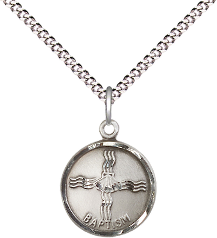 Sterling Silver Baptism Pendant on a 18 inch Light Rhodium Light Curb chain