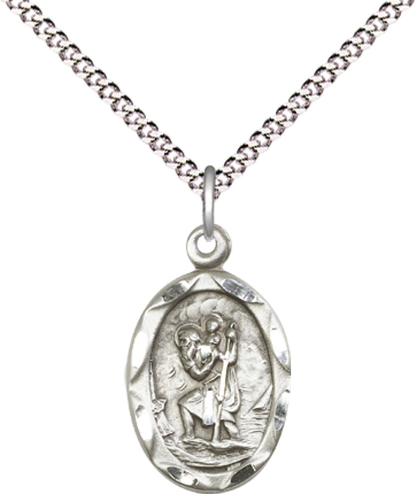 Sterling Silver Saint Christopher Pendant on a 18 inch Light Rhodium Light Curb chain