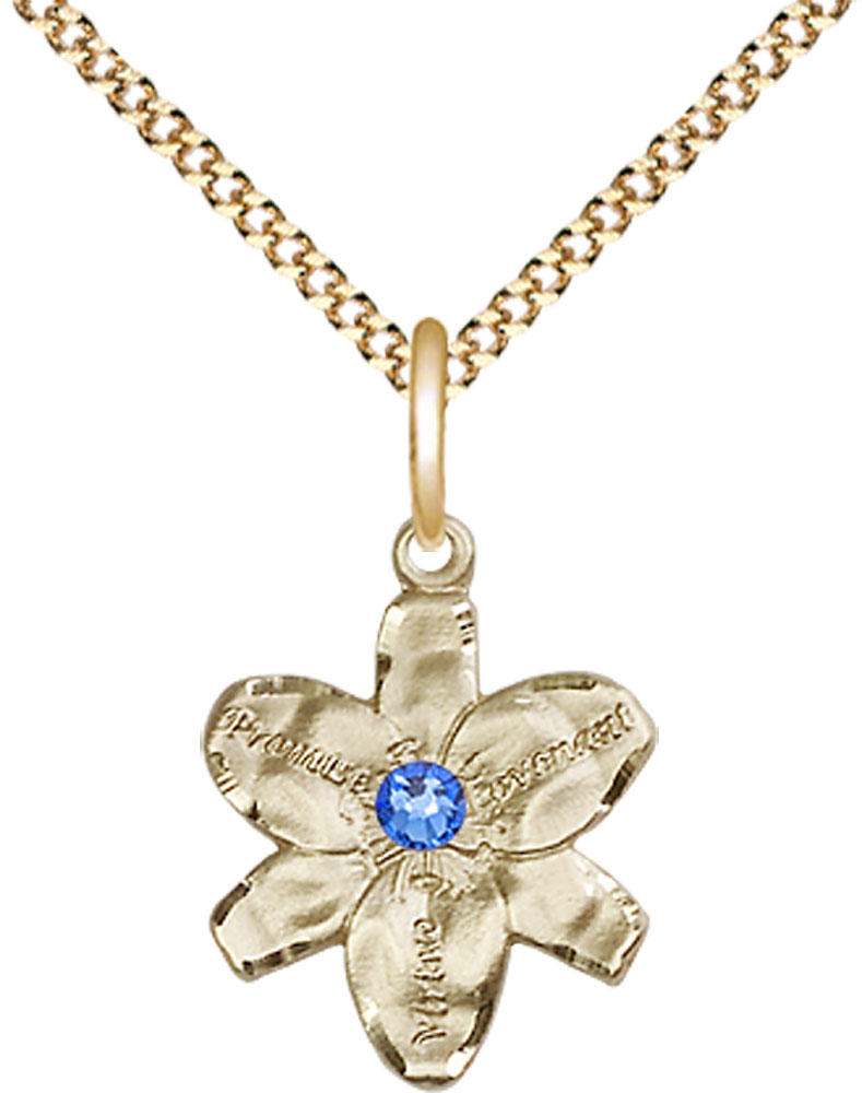 14kt Gold Filled Chastity Pendant with a 3mm Sapphire Swarovski stone on a 18 inch Gold Plate Light Curb chain