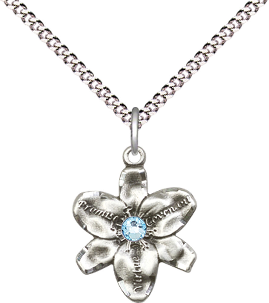 Sterling Silver Chastity Pendant with a 3mm Aqua Swarovski stone on a 18 inch Light Rhodium Light Curb chain
