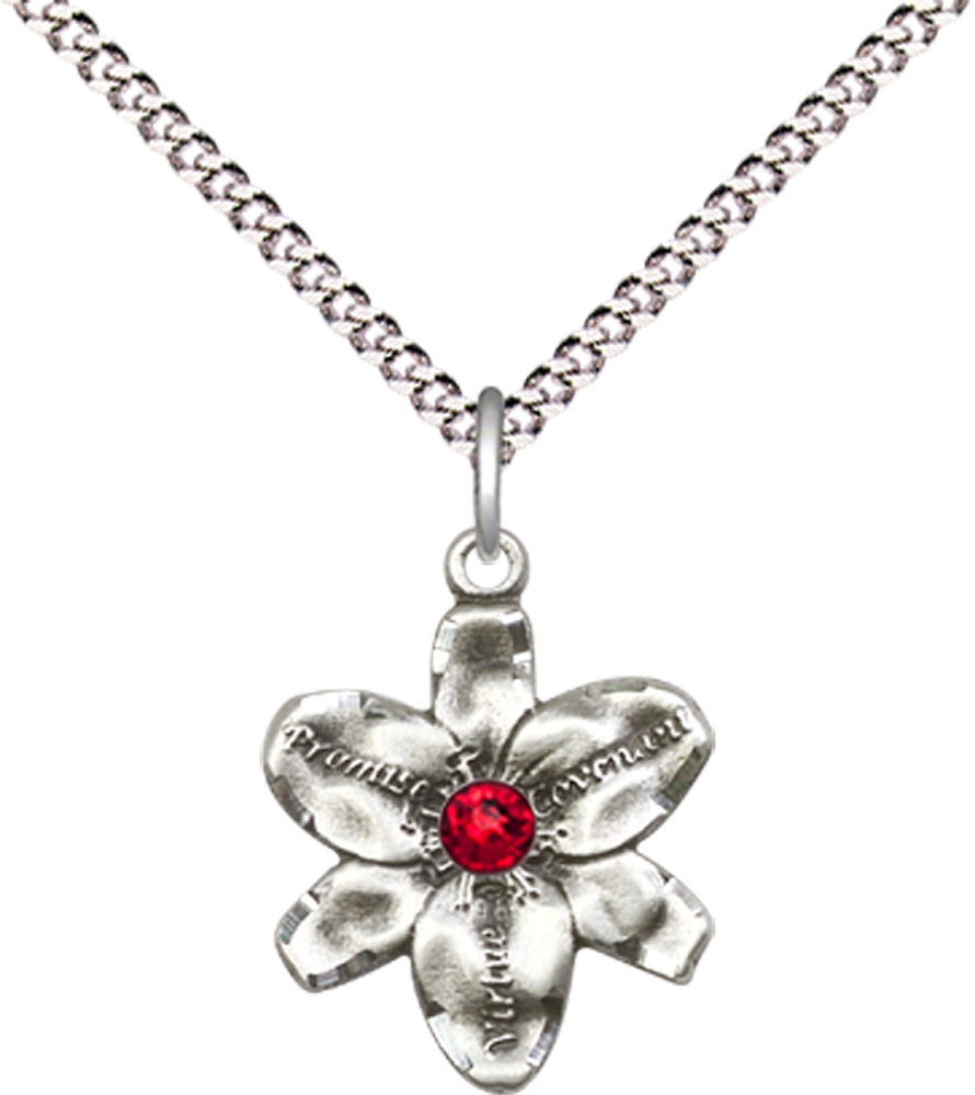 Sterling Silver Chastity Pendant with a 3mm Ruby Swarovski stone on a 18 inch Light Rhodium Light Curb chain