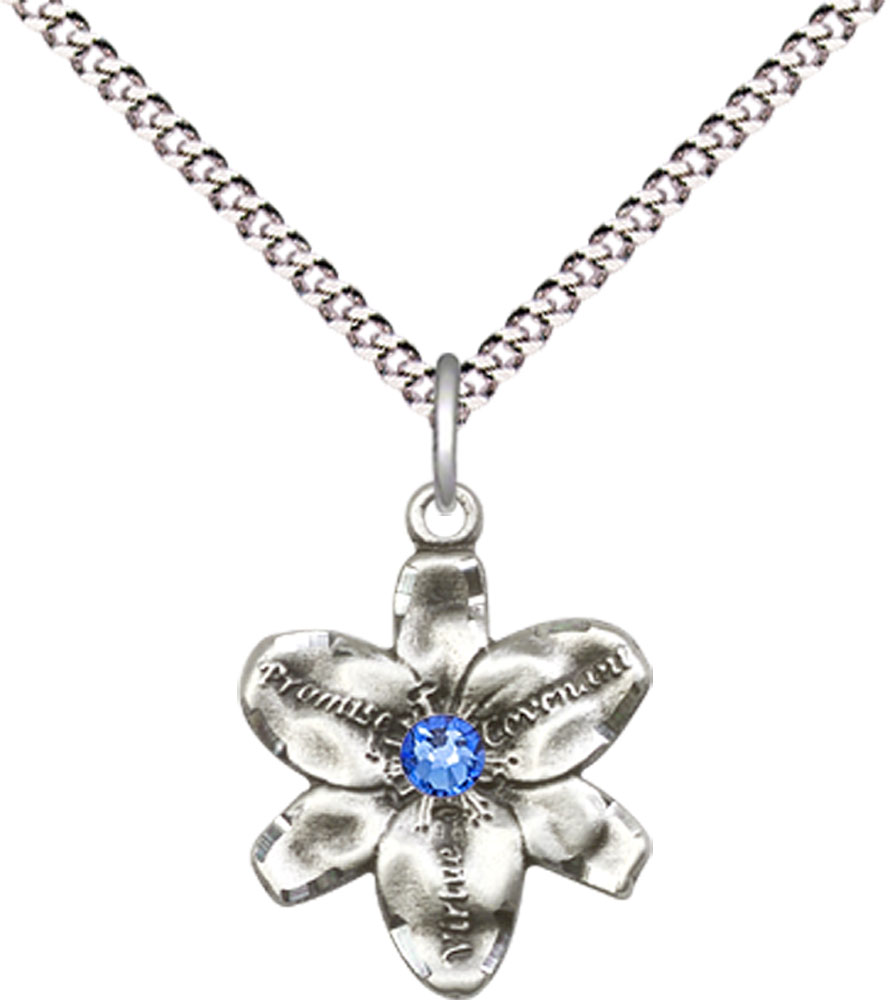 Sterling Silver Chastity Pendant with a 3mm Sapphire Swarovski stone on a 18 inch Light Rhodium Light Curb chain