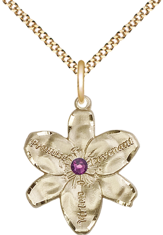 14kt Gold Filled Chastity Pendant with a 3mm Amethyst Swarovski stone on a 18 inch Gold Plate Light Curb chain