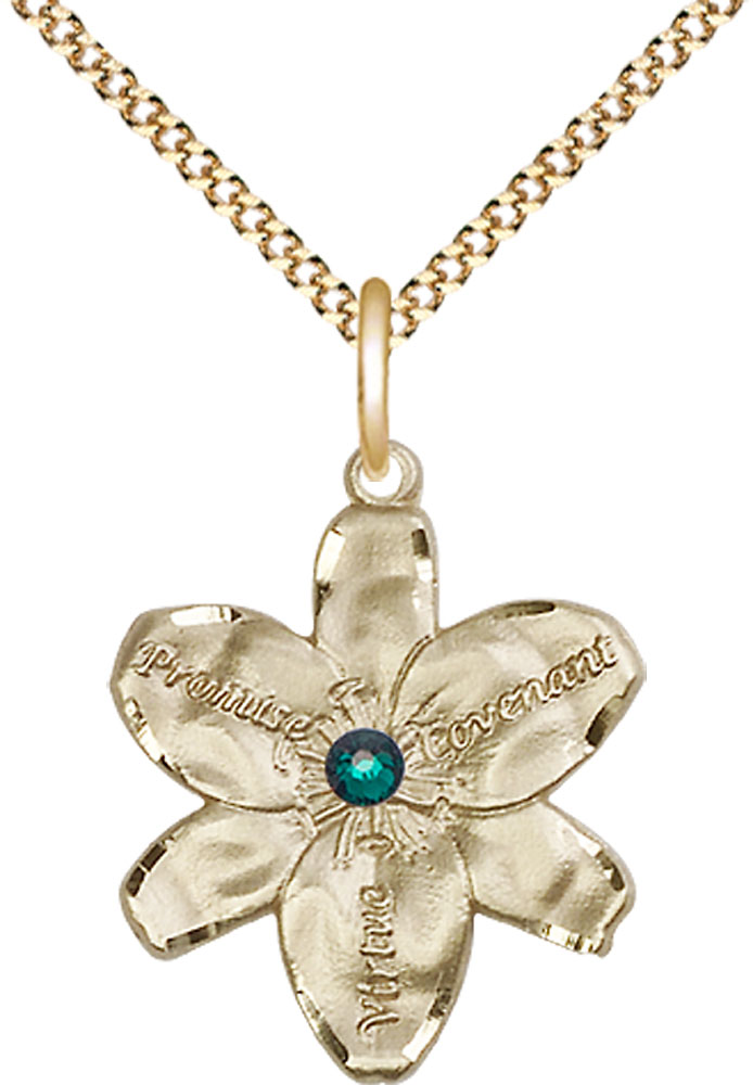 14kt Gold Filled Chastity Pendant with a 3mm Emerald Swarovski stone on a 18 inch Gold Plate Light Curb chain